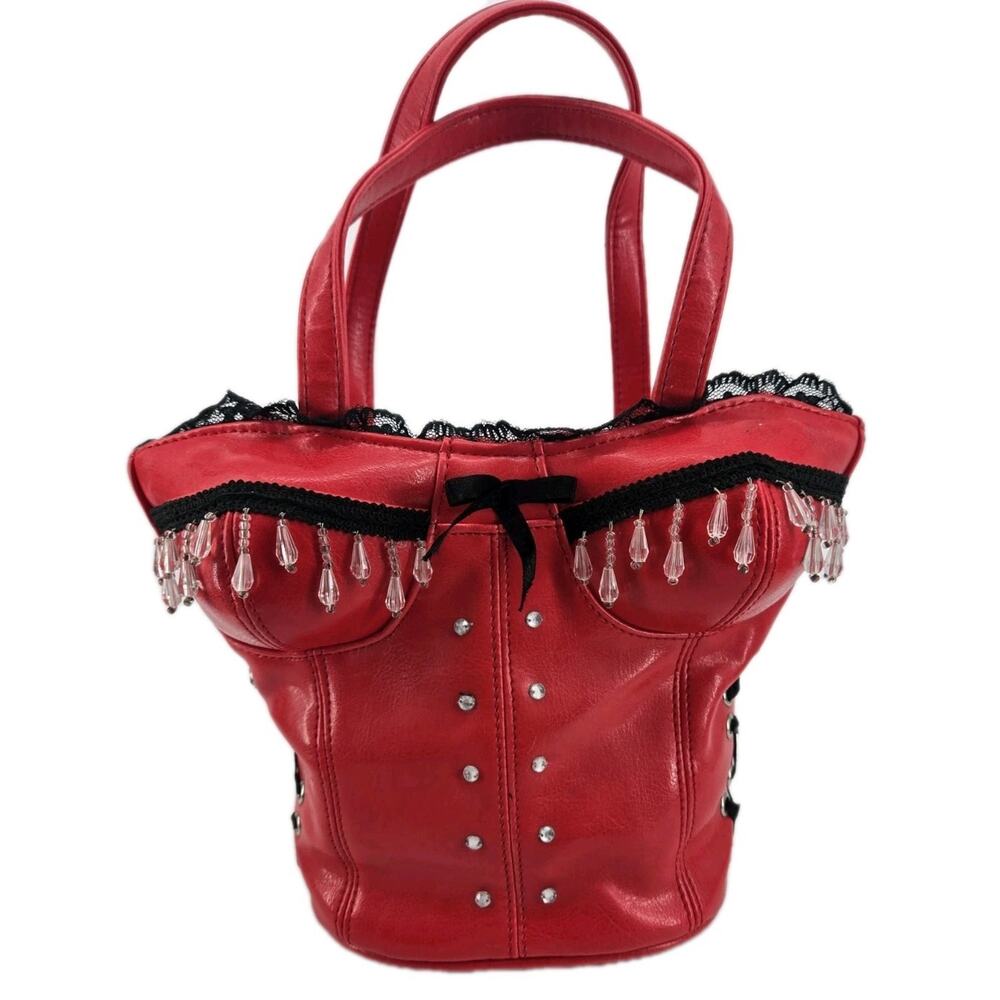 Red Bustier Corset Beaded Black Lace Trim Faux Leather Purse Hand Satchel Bag